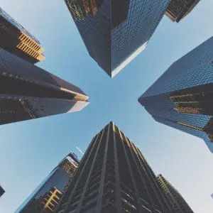 Looking up at skyscrapers