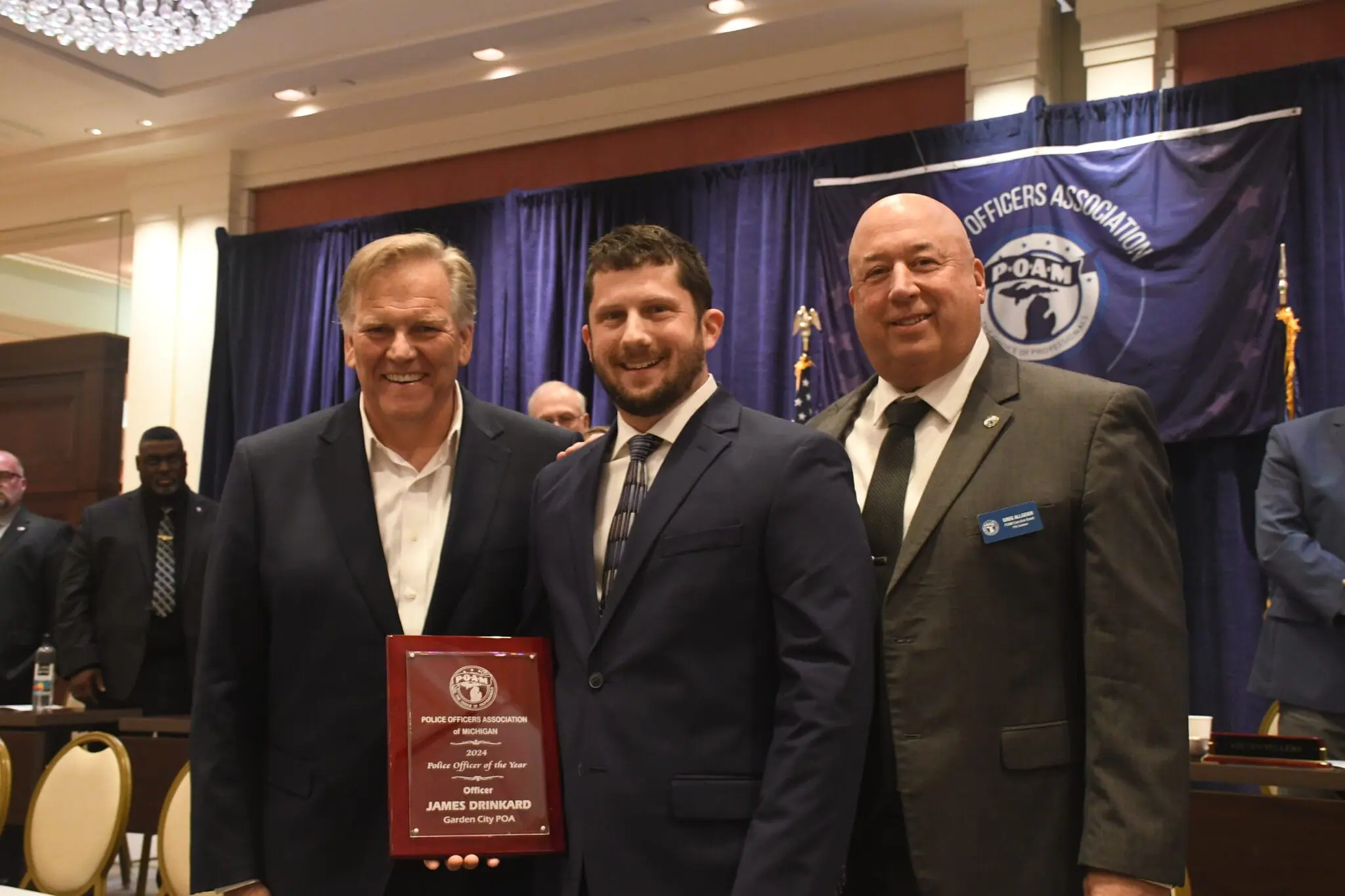 U.S. Senate Candidate Mike Rogers, Officer James Drinkard, and POAM Business Agent Gregg Allgeier at the 2024 Annual Convention.