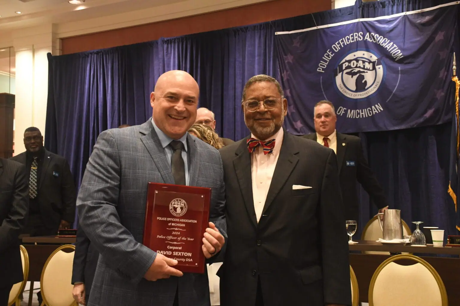 POAM-Sexton-Young-P.O.-Awards Washtenaw County DSA Corporal David Sexton and Honorable Robert P. Young, Jr, at 2024 POAM Annual Convention.