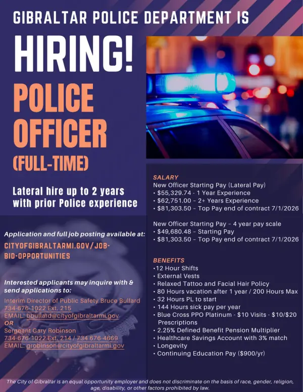 Gibraltar Police Department is hiring a full-time police officer | Hiring flyer