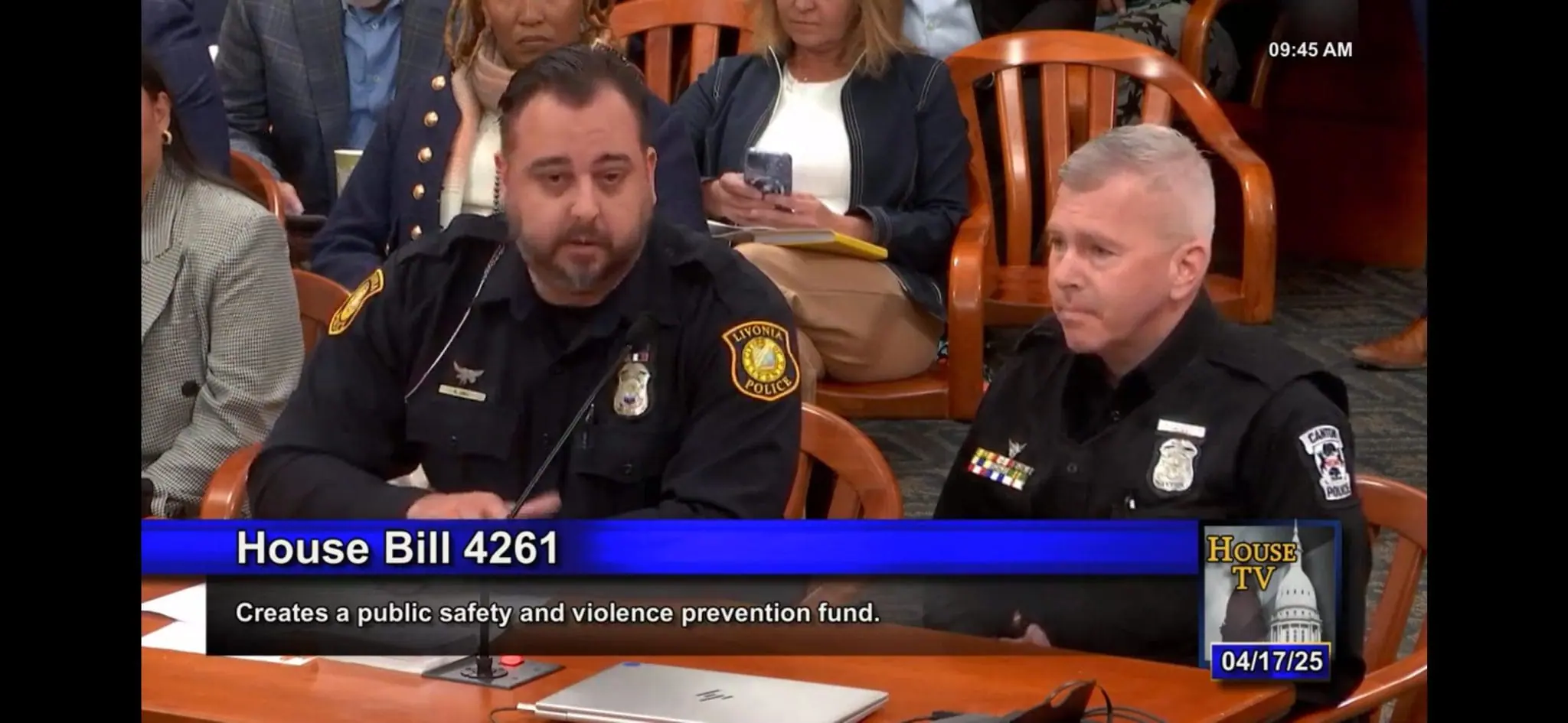 On Thursday, April 17, 2025, POAM Executive Members Anthony Hall, Livonia Police Officers Association, and Alex McNulty, Canton Township Police Officers Association, testified before the Michigan House Government Operations Committee in support of House Bills 4260 and 4261, On Thursday, April 17, 2025, POAM Executive Members Anthony Hall, Livonia Police Officers Association, and Alex McNulty, Canton Township Police Officers Association, testified before the Michigan House Government Operations Committee in support of House Bills 4260 and 4261, Public Safety Trust Fund Legislation.