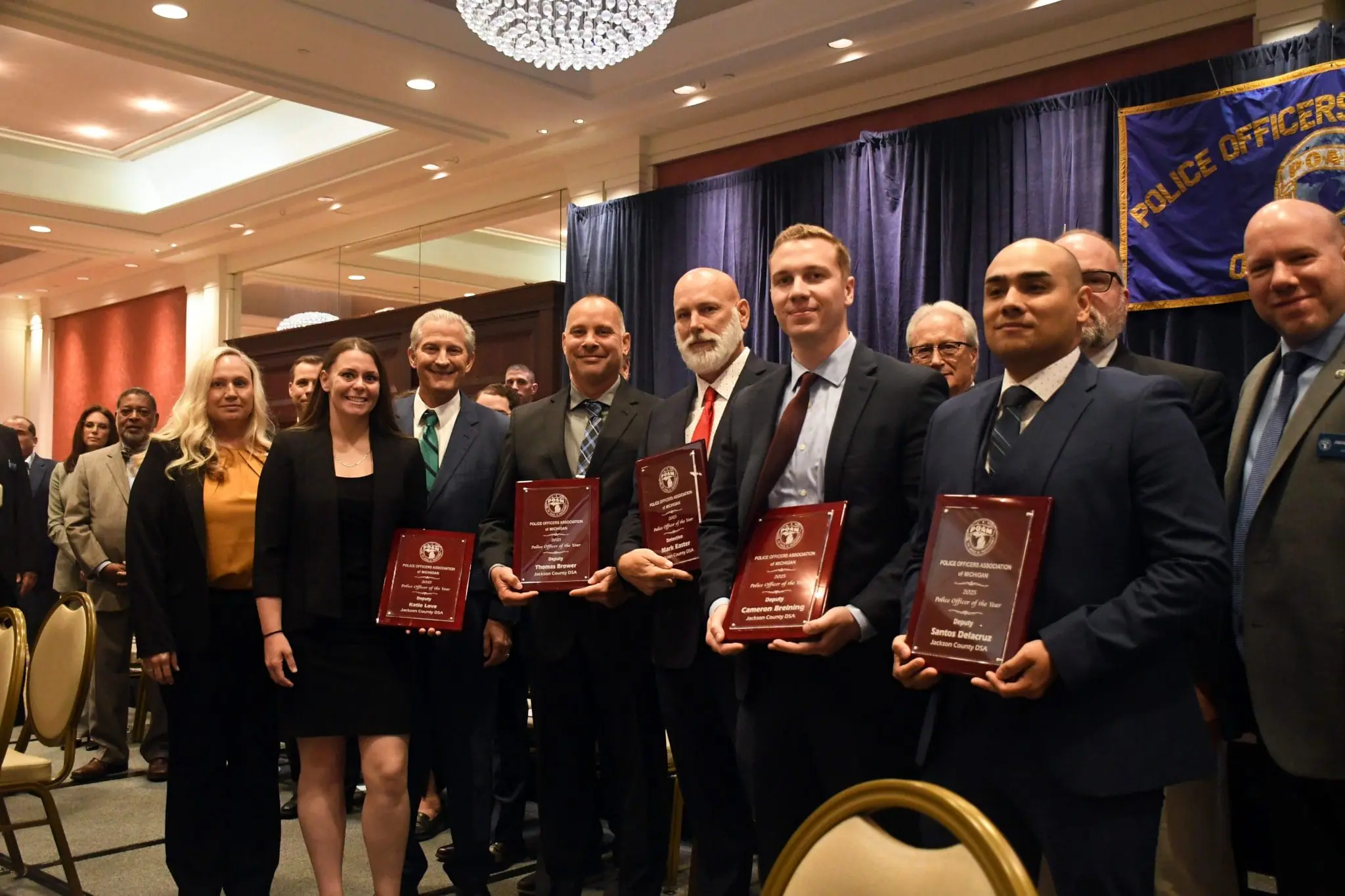 Jackson County DSA Detective Mark Easter, Deputy Santos Delacruz, Deputy Thomas Brower, Deputy Katie Love, and Deputy Cameron Breining receiving their Police Officer of the Year Award at the Annual Convention.