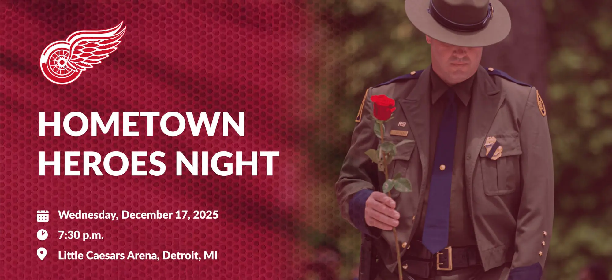 Red wings Logo and Soldier with Rose for Hometown Heroes Night