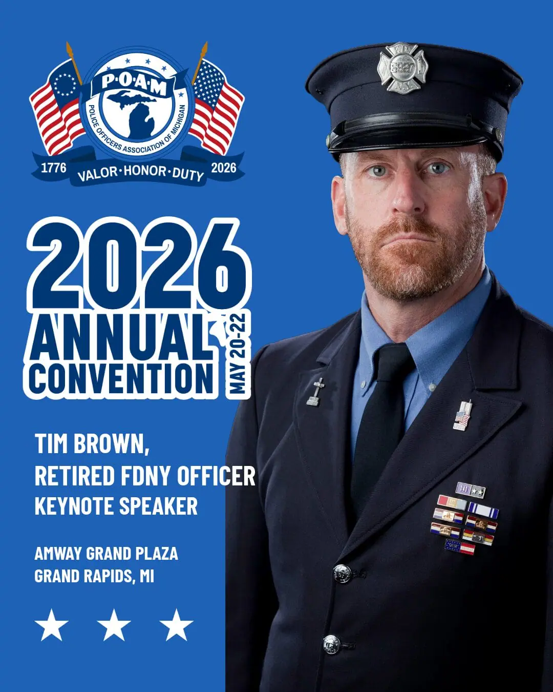 Retired FDNY Firefighter Tim Brown, a keynote speaker at the 2026 POAM Annual Convention.